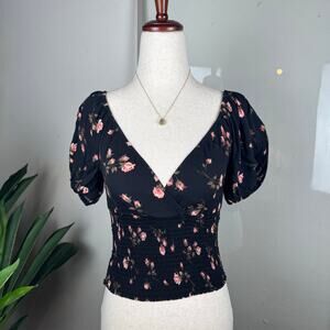 Whimsigoth Girly Grunge Black Floral Puff Sleeve Reformation Alta Top Size XS